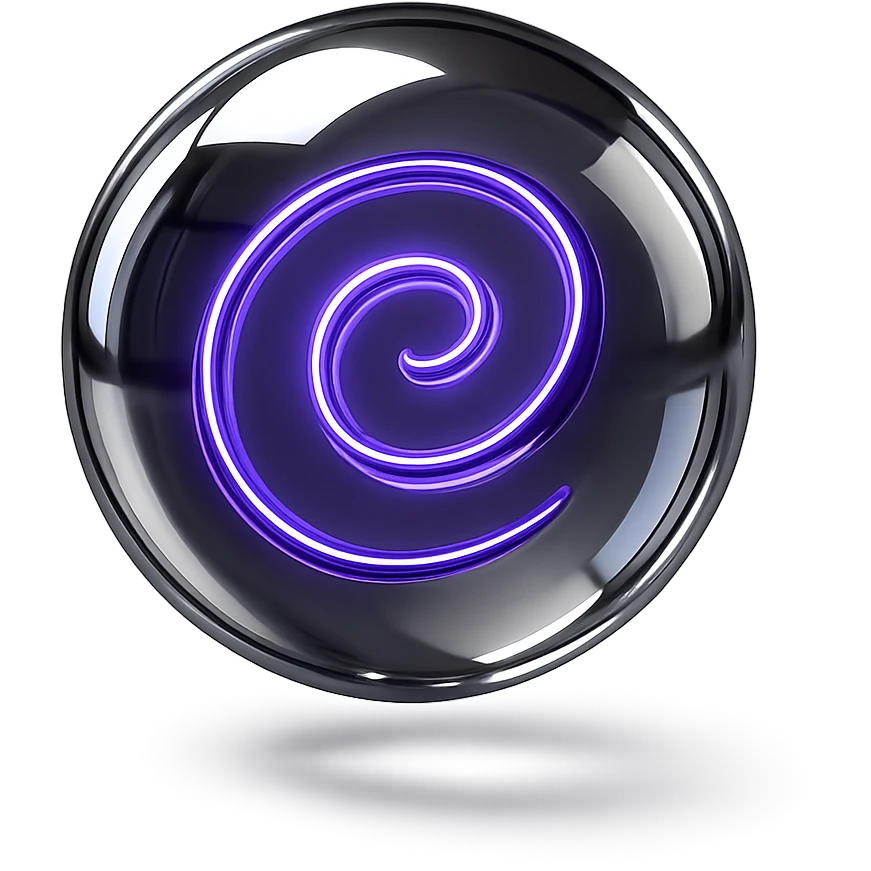 floating translucent orb with a shiny chrome and glowing purple spiral winding inside, in chrome style emoji