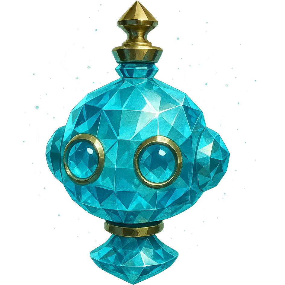 very luxurious, crystal, cute robot head shaped elixir bottle, cyan color, lots of shining, facets, ornaments, golden details, magical effects, very small golden collar, transparent background, beautiful merging base, clearly floating in the air, no base or shadow, premium class, friendly, playful, matching the collection emoji