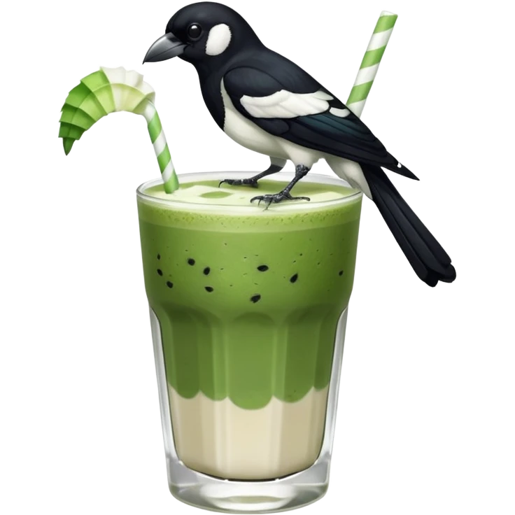  ONE Australien Magpie (just black and white feathers) sitting on an iced matcha latte on the edge of the glass. It has green matcha on its beak indicating it drank. The iced matxha latte is in a see through glass and white from the oat milk on the bottom and green on top… one straw and ice cubes emoji