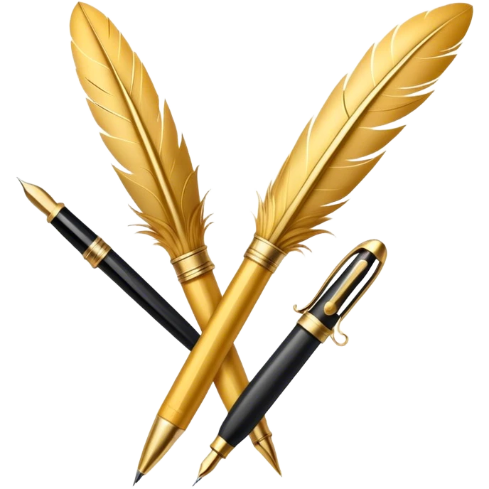two golden quills with feathers and fountain pen tips crossing in front of each other like an X emoji