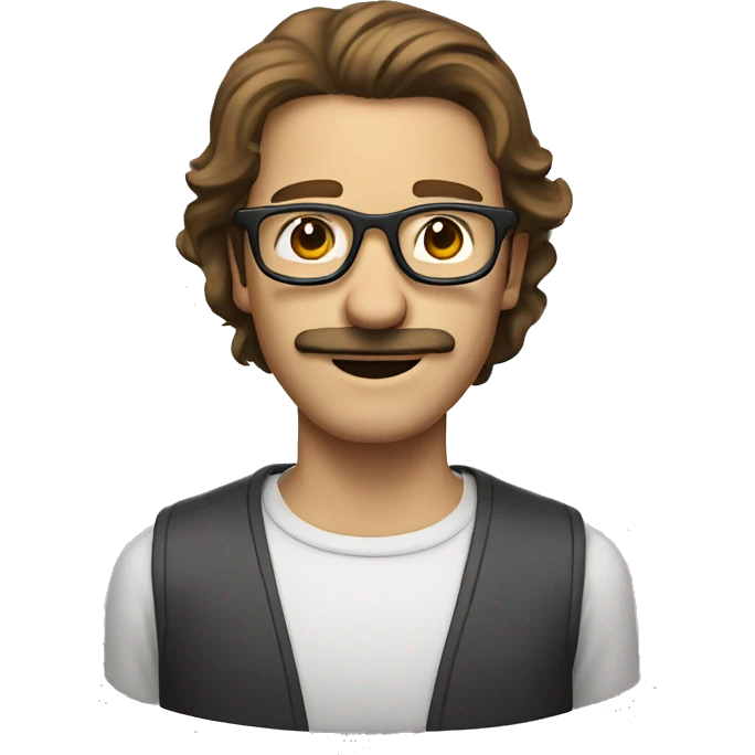 thin guy with shoulder length brown hair and mustache and smile and glasses emoji