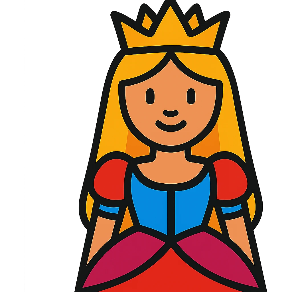 cartoon-style princess emoji with long hair, wearing a golden crown, smiling softly, dressed in a royal gown, vibrant toon style emoji