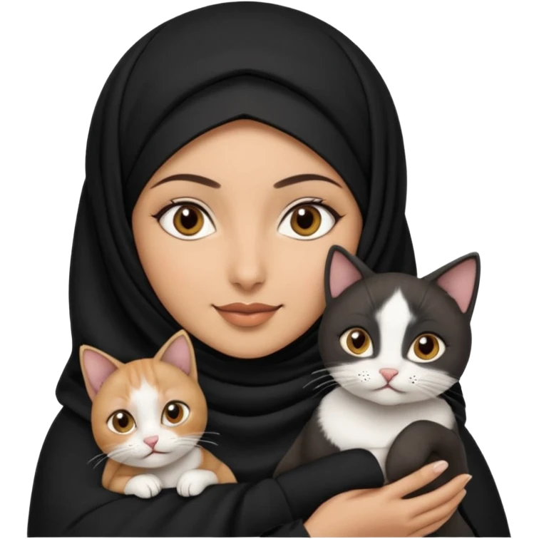 A Arabic woman human with brown eyes and black hijab. , the human is a human, she carry two cat is black and white and the other cath is black and white,,  NO EARS ON THE HUMAN ,  emoji
