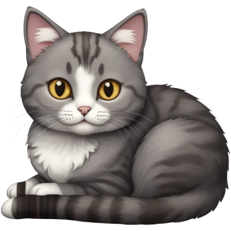 full body tiny short hair dark grey and white cat with hazel eyes lying down emoji