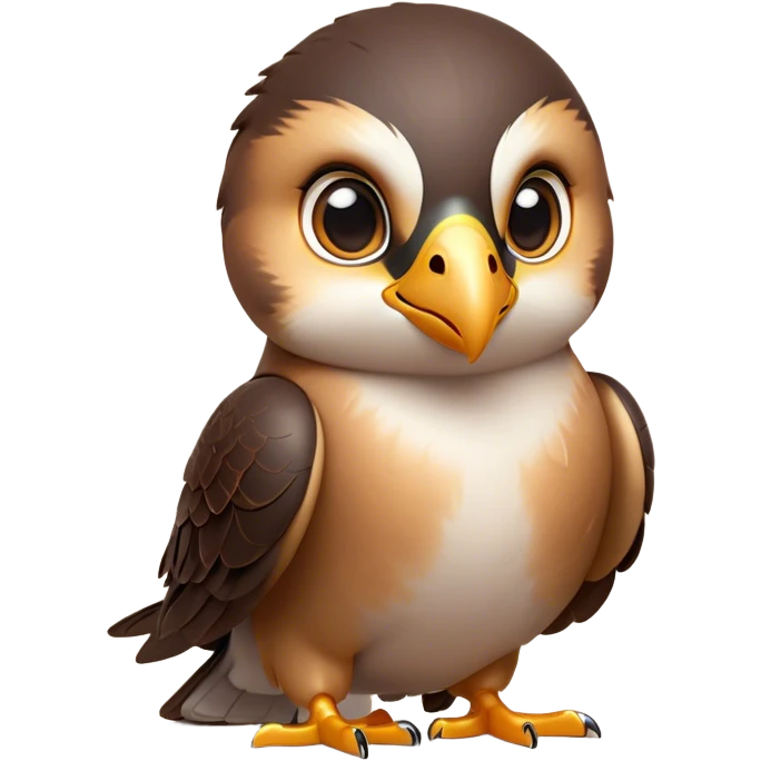 Cinematic Cute Falcon Portrait Emoji, Head tilted playfully and inquisitively, featuring a sleek, agile form with a delicately curved beak and round, sparkling eyes full of spirited charm, Simplified yet irresistibly adorable features, highly detailed, glowing with a warm, inviting glow, high shine, affectionate and lively, stylized with a touch of whimsical aerial grace, soft glowing outline, capturing the essence of a mischievous yet endearing falcon that seems as if it could dart out of the screen into your heart! emoji
