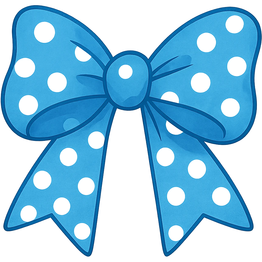 blue hair bow with polka dots, playful emoji