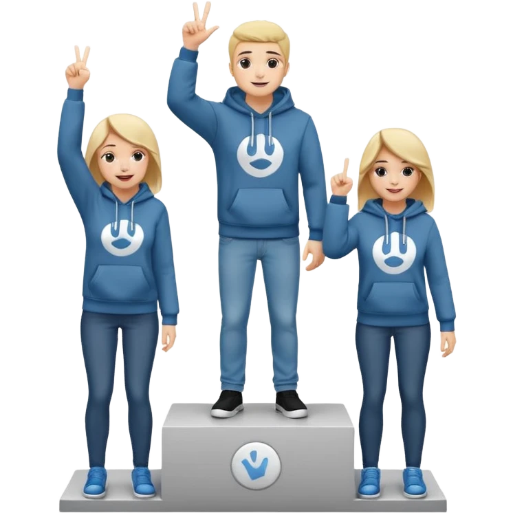 three people in jeans and hoodies on a winners podium, black and white, center step higher, no numbers, center person holding up one finger on each hand, cheerful expressive emoji style emoji