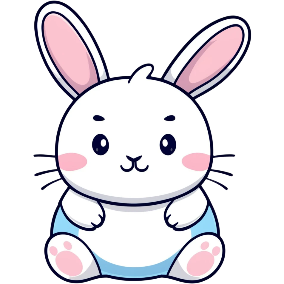 A chubby bunny character in exact Sanrio style like Kuromi and Cinnamoroll, ultra cute, super simplified kawaii design, oversized head on tiny body, rosy cheeks, small dot eyes, simple bow, pastel pink and soft blue colors, pure white face, thick black outline emoji