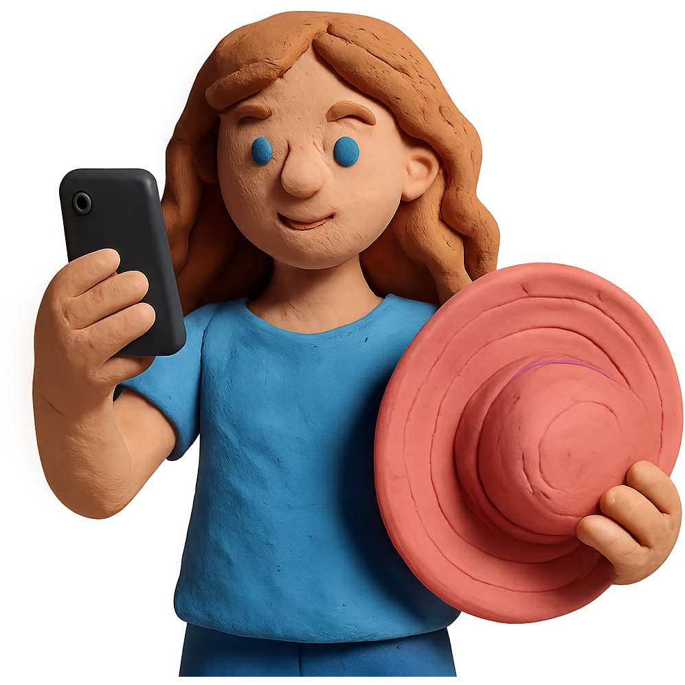 white girl with wavy hair holding her phone and a pink beach hat emoji