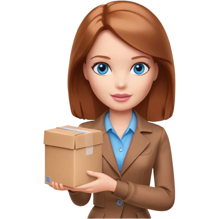A blue-eyed barbie with shoulder-length reddish-brown hair in brown clothes holds a package box emoji