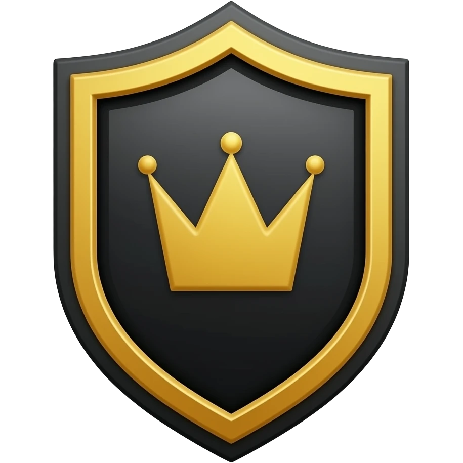 flat icon of a mafia advisor badge, simple shield with a small crown symbol, black and gold color scheme, strong contrast, minimal geometric design, thick outline, no details, no background, centered, fills frame emoji