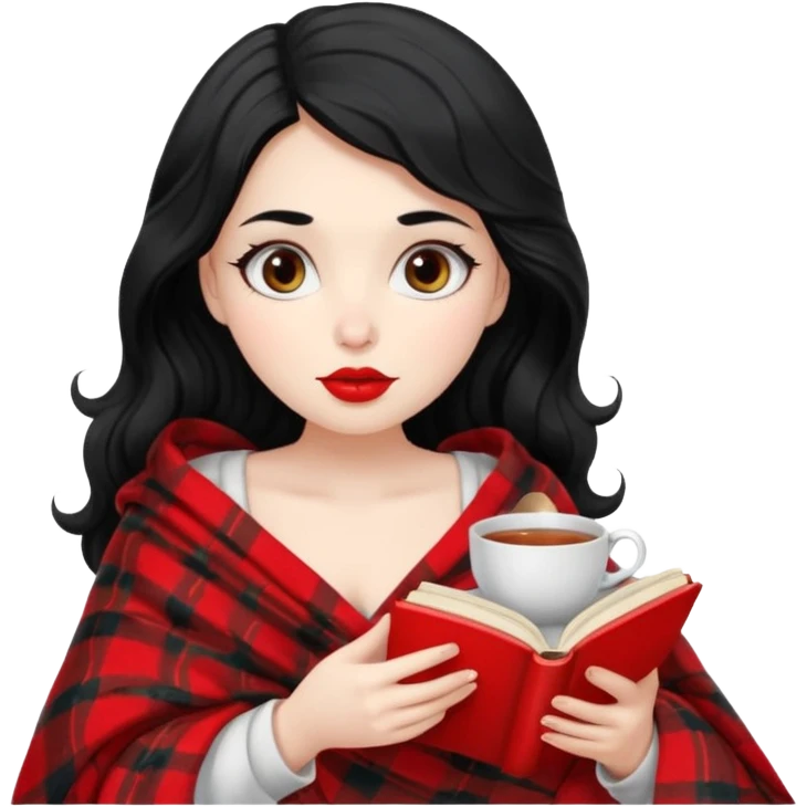 Long wavy Black haired, white skinned, dark big eyed girl with red lipstick wrapped in a blanket, sipping tea and reading a book emoji