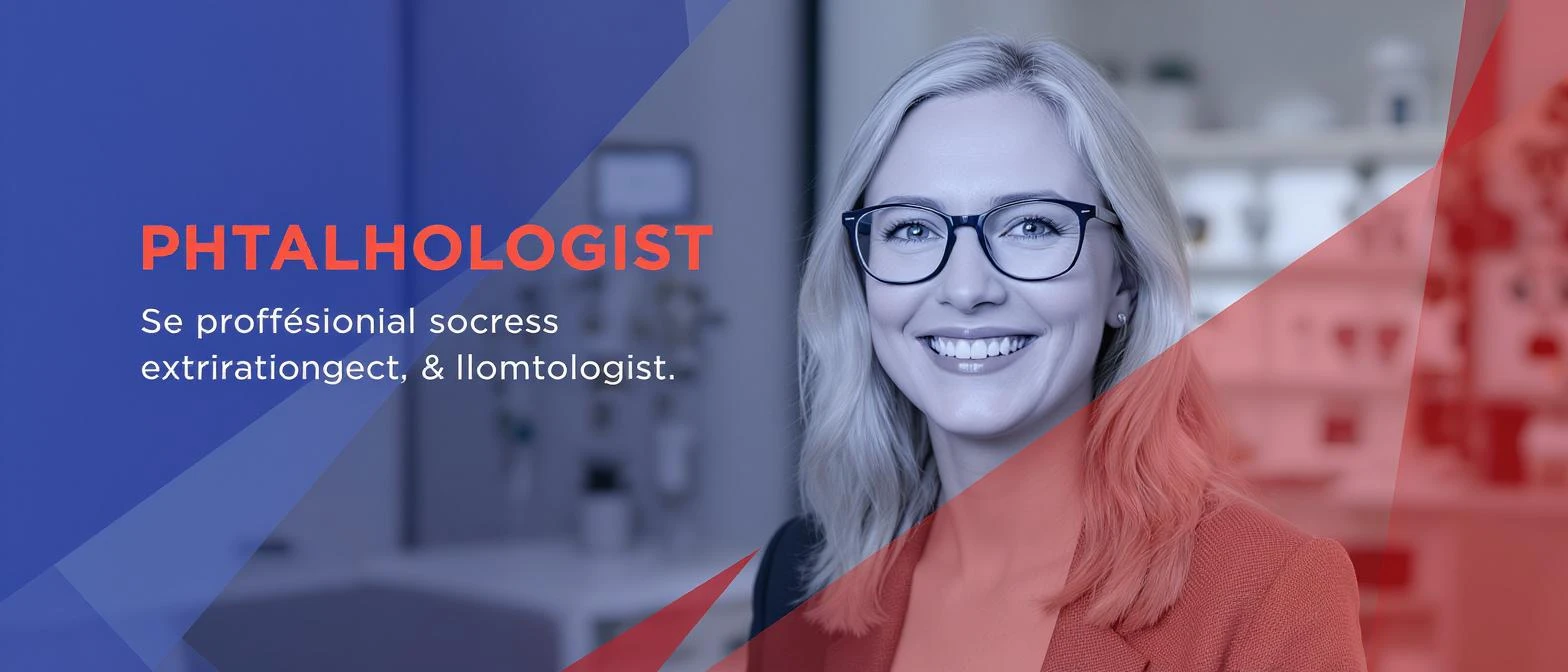 Cinematic still, Proffesional advertising of a smiling european white woman with glasses smiling, minimalistic ophthalmologist interior in background, leading  lines, "rule of thirds", 60/30/10 colors, soft light, blue and red emoji