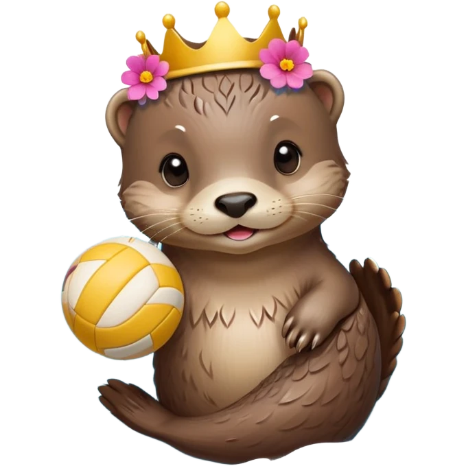 super cute baby otter with a colorful flower band/crown around its head, gentle expression and soft rounded eyebrows, floating on VERY CLEARLY VISIBLE blue water with prominent waves and ripples, baby otter with big sweet eyes holding a volleyball with both small paws above the water emoji