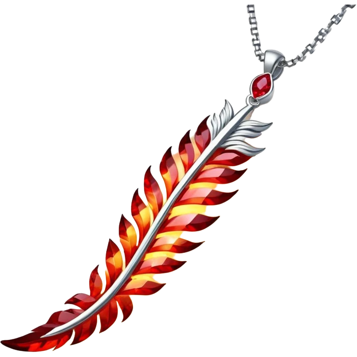 ruby pendant shaped like a phoenix feather, glowing with fiery energy, silver chain undulating magically emoji