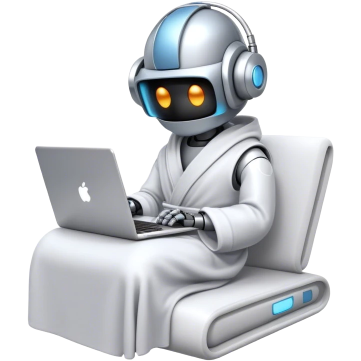 Emoji of a remote-working robot in a cozy bathrobe with a laptop. The robot has a sleek helmet-like head with glowing digital eyes. Relaxed yet high-tech vibe. emoji