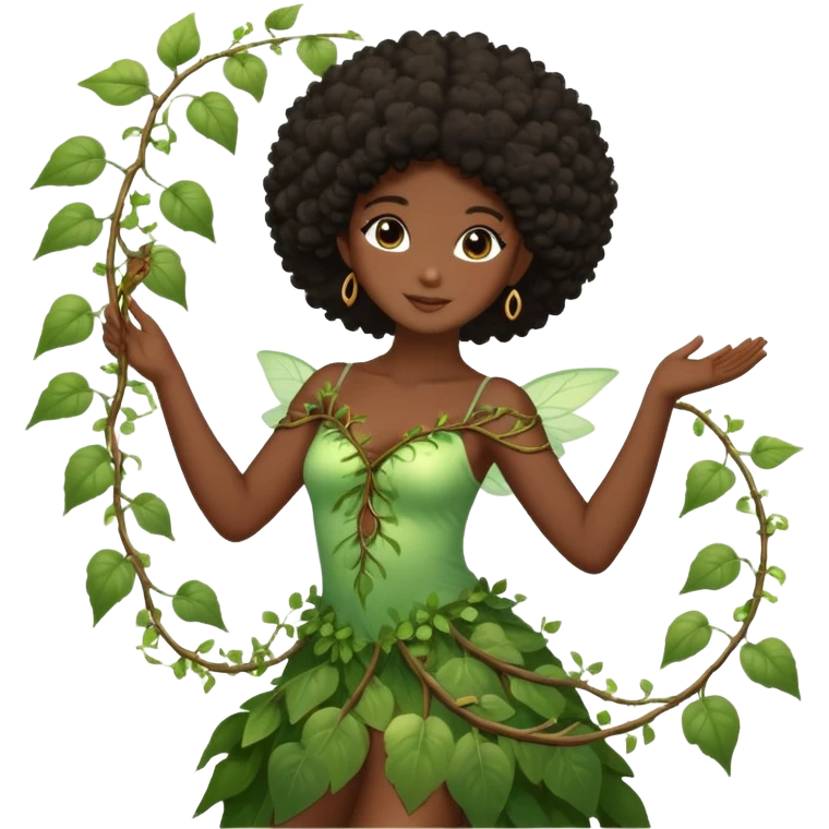 Dreamy nature fairy with brown eyes Afro black hair dark skin touching a vine dancing emoji