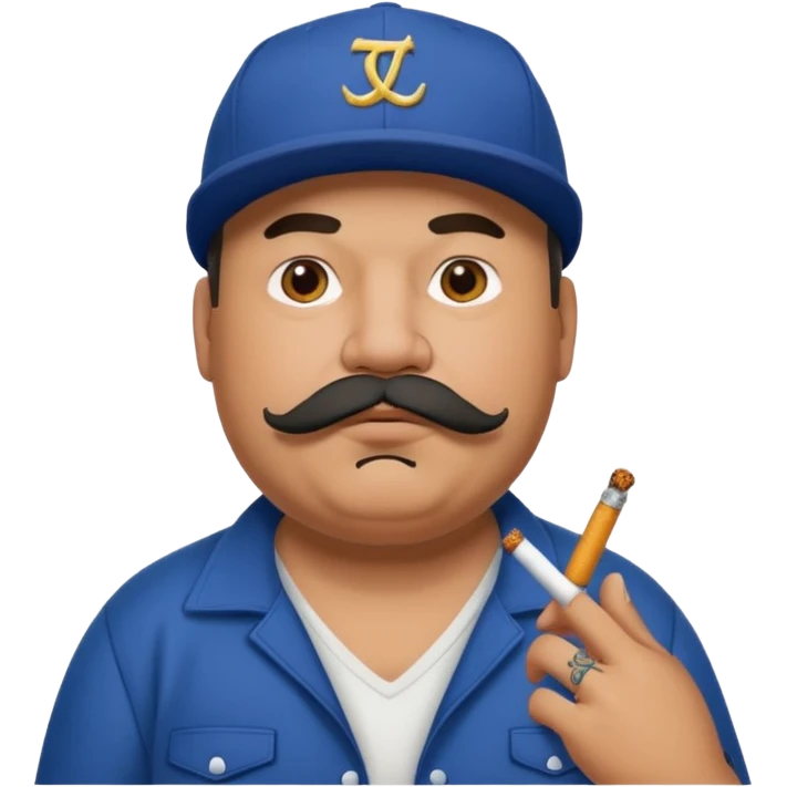 a fat dad in a hip hop cap with a tattoo, a cigarette in his mouth, and a mustache. emoji