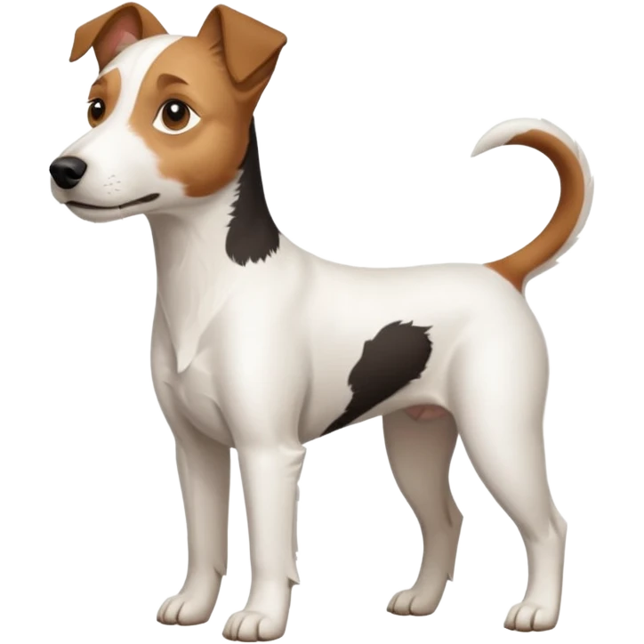 a full body white parson russell looking dog the size of a kelpie with light brown ears and a light brown patch on one eye and a large snout emoji