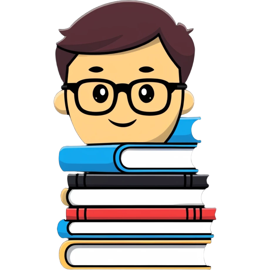 cartoon sticker of an intellectual person with glasses and a stack of books emoji