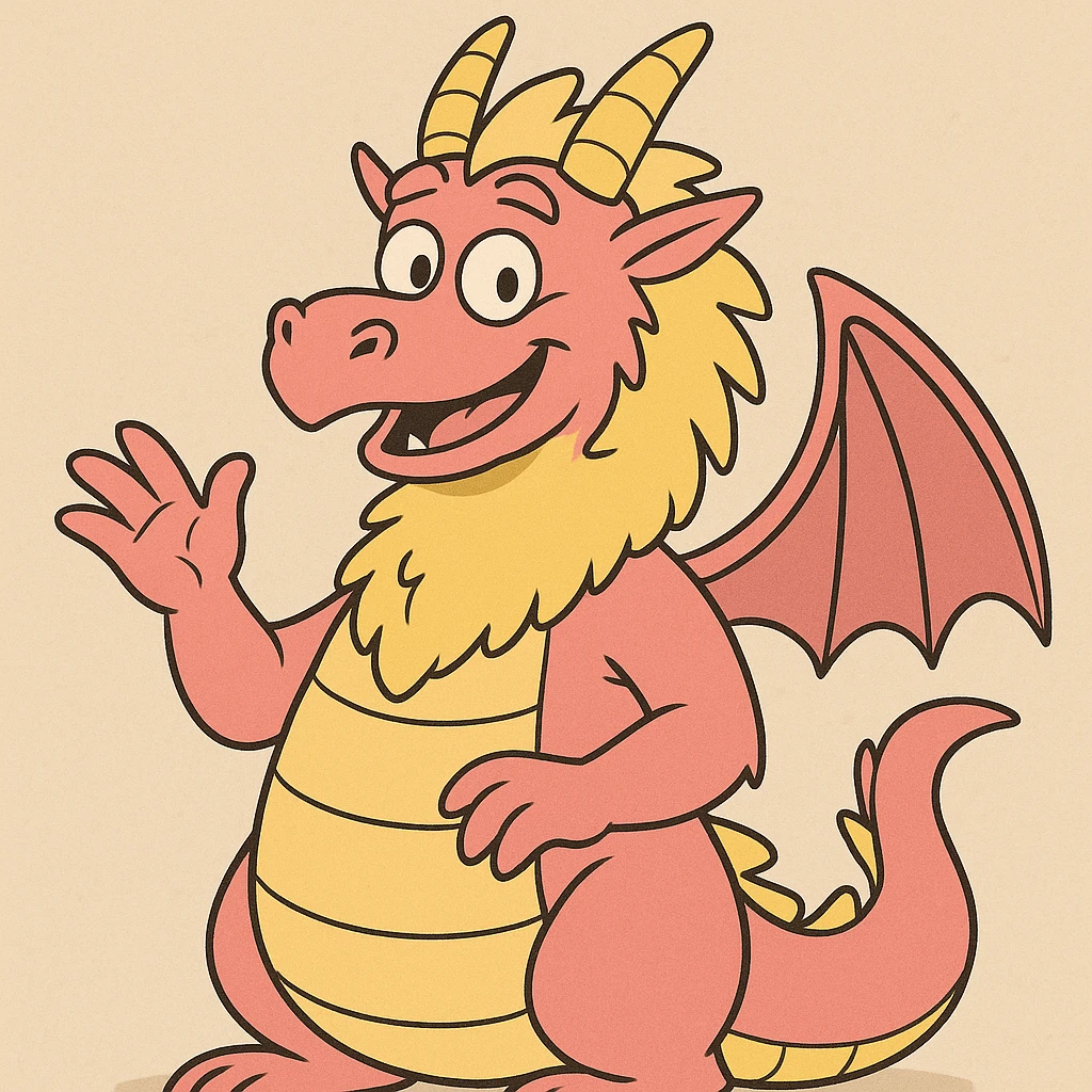 pink friendly dragon with some yellow fur, consistent style, cartoonish, friendly expression emoji