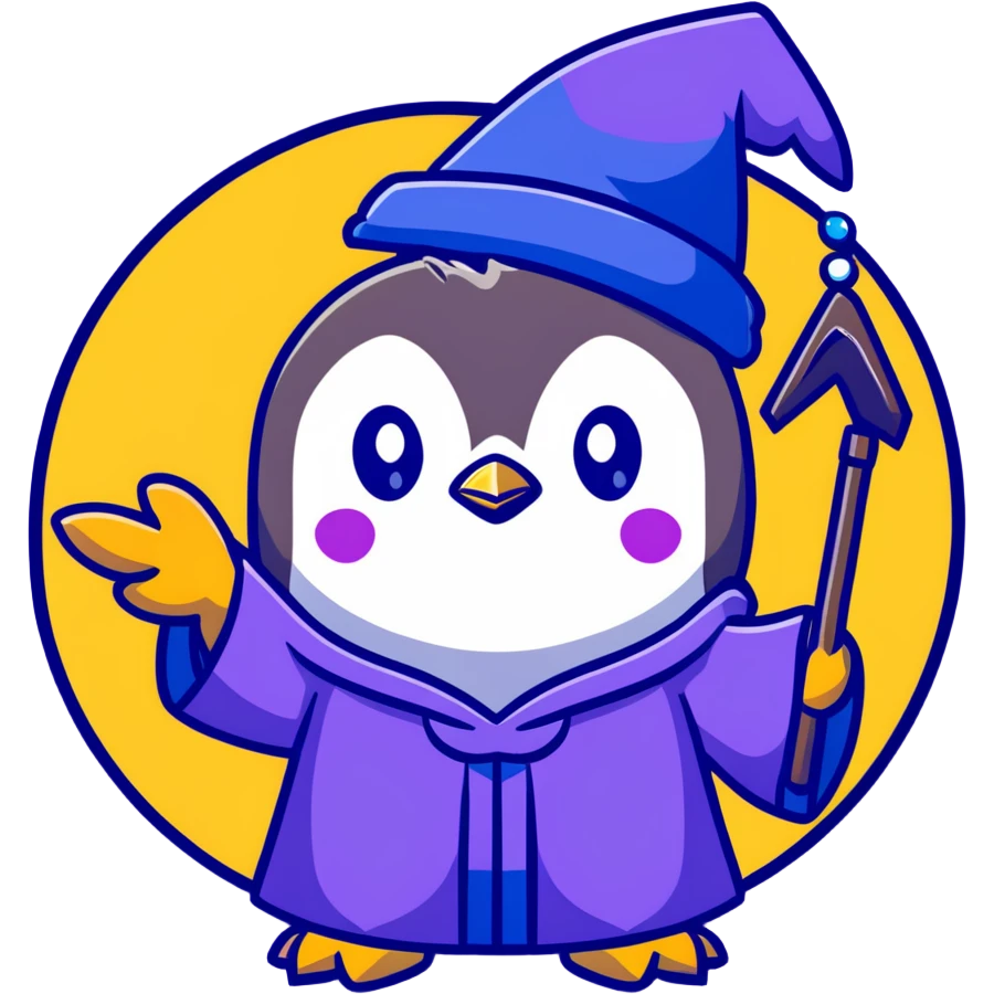 a cute penguin wearing a purple wizard robe and blue wizard hat, casting a spell emoji
