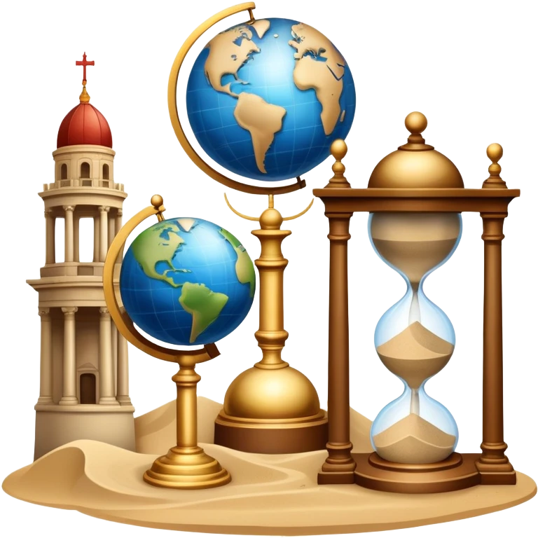 icon featuring ancient scrolls, quill pen, and a globe, with famous historical landmarks and monuments in the background. Large, antique sand clocks with sand pouring out represent the passage of time. Historical figures are depicted as statues. Transparent background. emoji