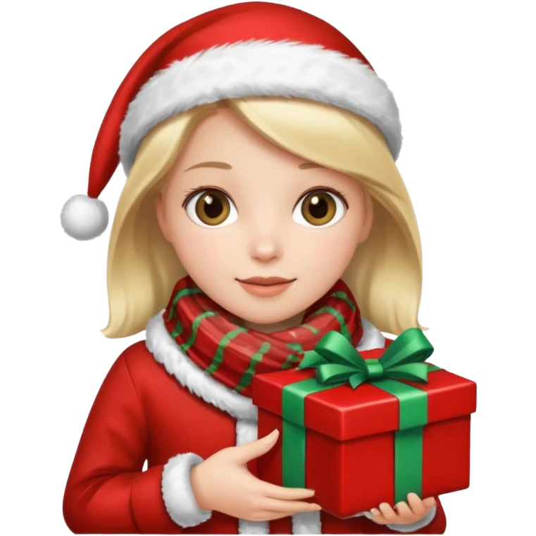 a girl wearing a chirstmas jacket and scarf and holding a christmas gift emoji