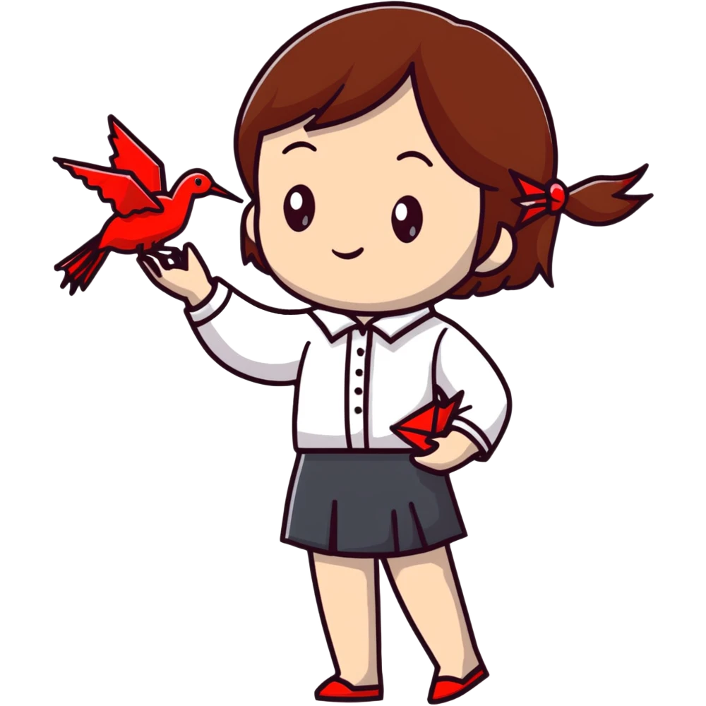 Happy Ukrainian young girl with brown hair in a white embroidered shirt holds an origami red crane emoji