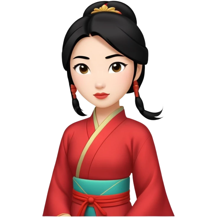 Mulan from hips up, traditional Chinese outfit, black hair, minimal style, larger size emoji