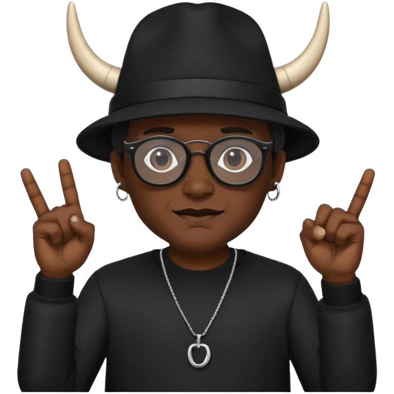 man dressed in black with dark glasses black Lens and a black hat hwo making the horns gesture on each  hands emoji