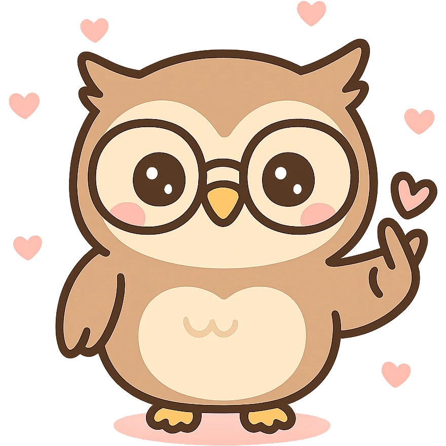a wise owl with glasses, smiling and holding up the saranghae sign with its wing, cute cartoon style emoji