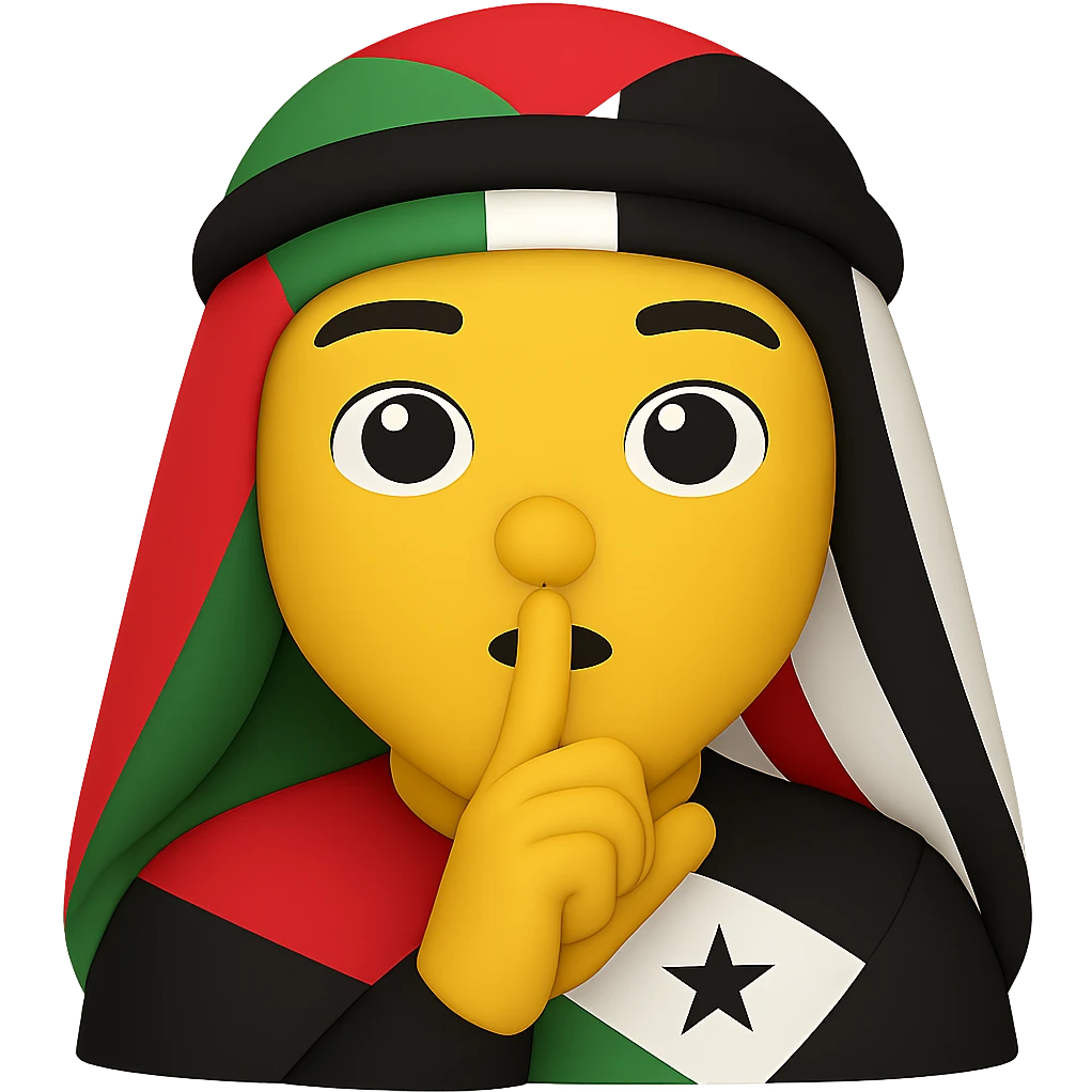 Make the Palestinian flag colors and symbols more prominent in the scarf pattern and design, keeping the person making the 'shh' gesture as the focus. Remove the background to isolate the subject. The style should maintain the original look and feel of the image. emoji
