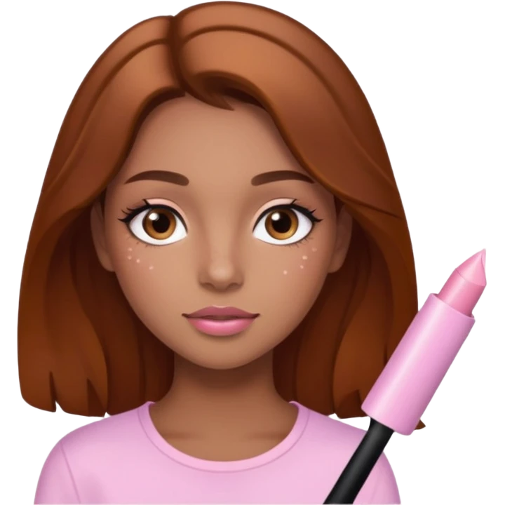 Pretty girl with caramel skin brown hair brown eyes and freckles. Wearing light pink lipgloss and mascara  emoji