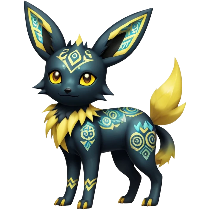 Shiny Exotic Badass Colorful Ethereal Royal Mysterious Gothic Umbreon-Jolteon-Pokémon-Fakémon-hybrid-creature (full body) with pattern-markings emoji