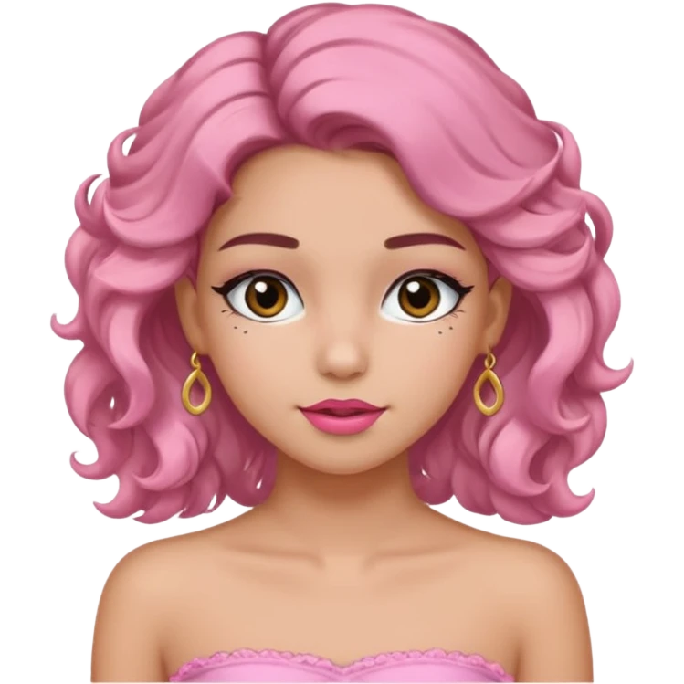 crée moi une jeune fille très belle avec les cheveux bouclés long brune avec un top  sans manche ni brettelles juste un 'bandeau' de couleur rose clair avec un peu de maquillage et des beaux et long  cils un collier en or emoji