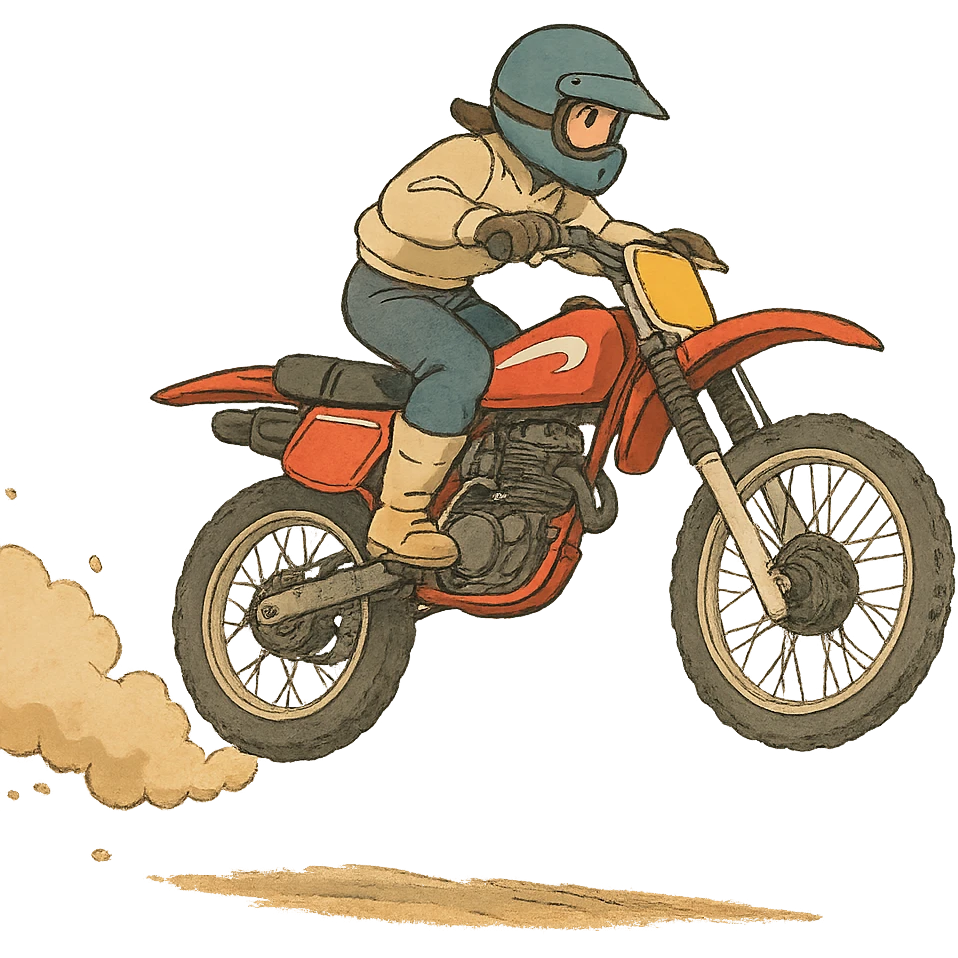 125cc dirtbike, jumping, with dust trail, ghibli style emoji