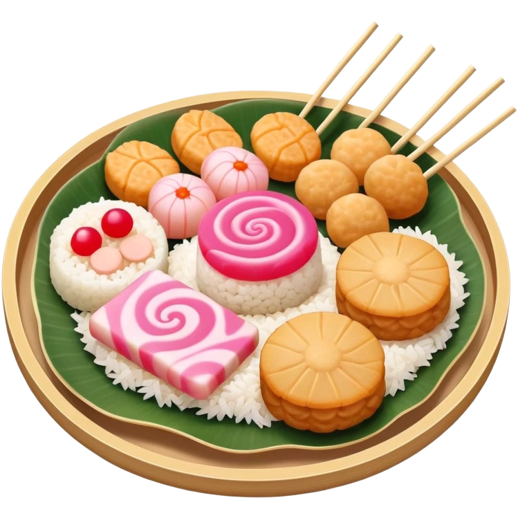 A combination of fish cake with pink swirl (narutomaki), rice cracker (senbei), and dango on a stick arranged together as a Japanese food plate emoji