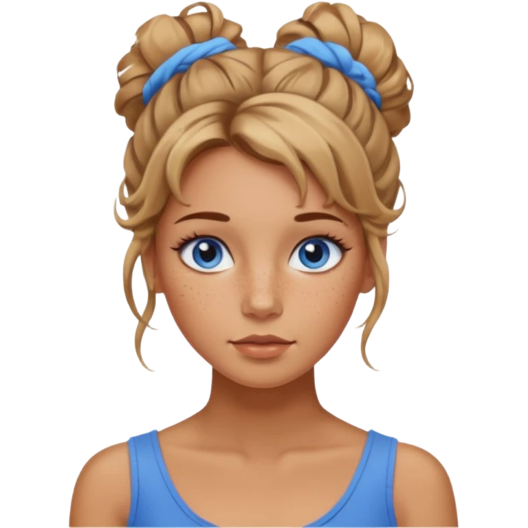 Attractive Woman Ty with tan skin, wide face, freckles, messy updo hairstyle, and blue eyes emoji