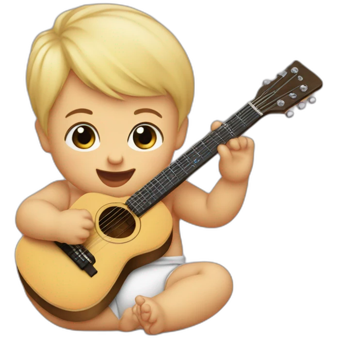 a 1-year-old baby, blond and with little hair, in diapers, playing a mini guitar emoji