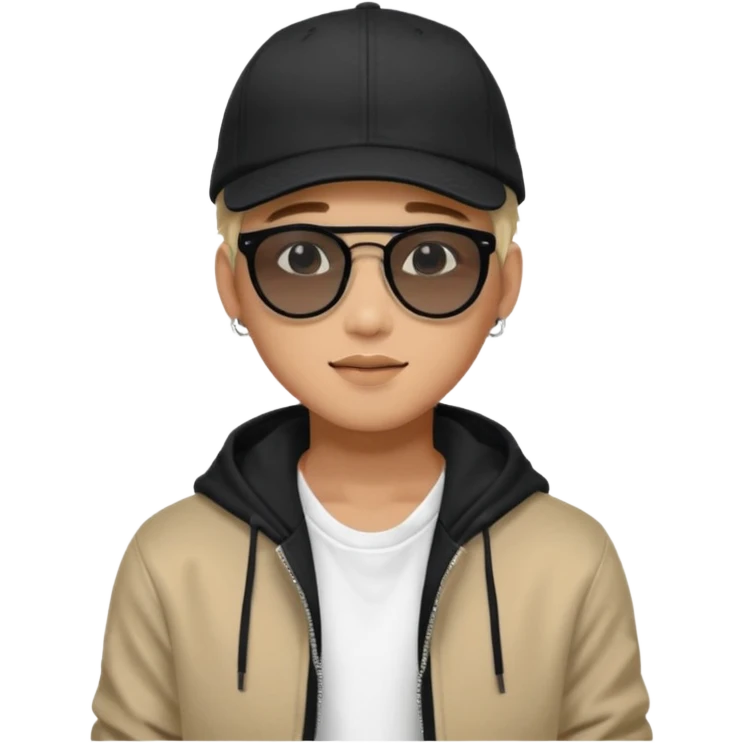 Portrait of a male K-pop idol, wearing a stylish streetwear outfit with layered clothing, makeup, wearing a black cap, happy, sunglasses emoji