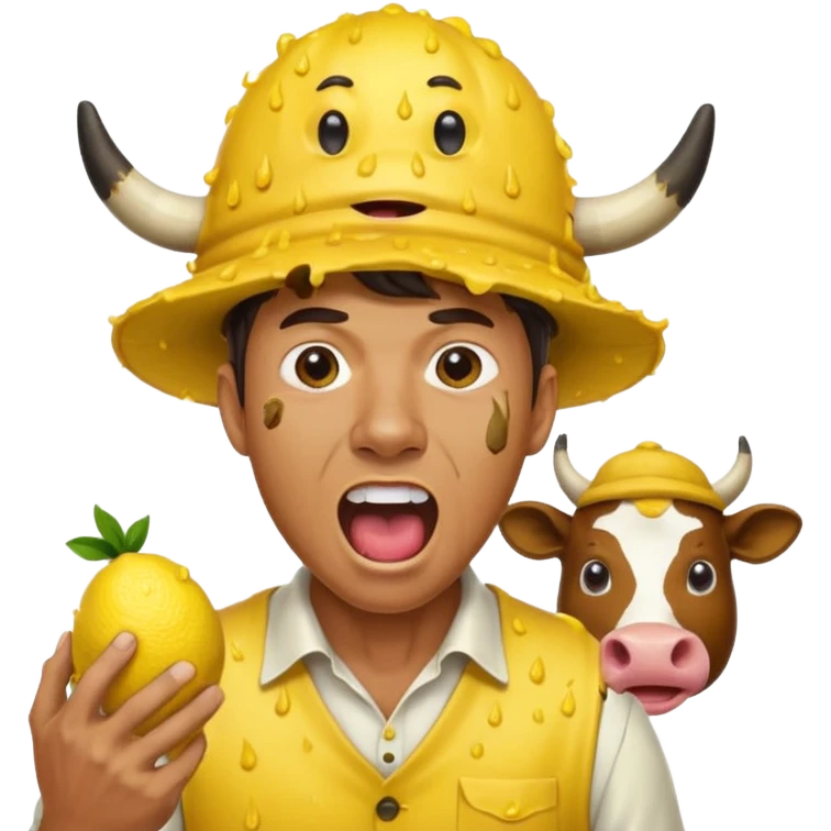 huge cow covered in poo half man screaming very loud made of lemons emoji