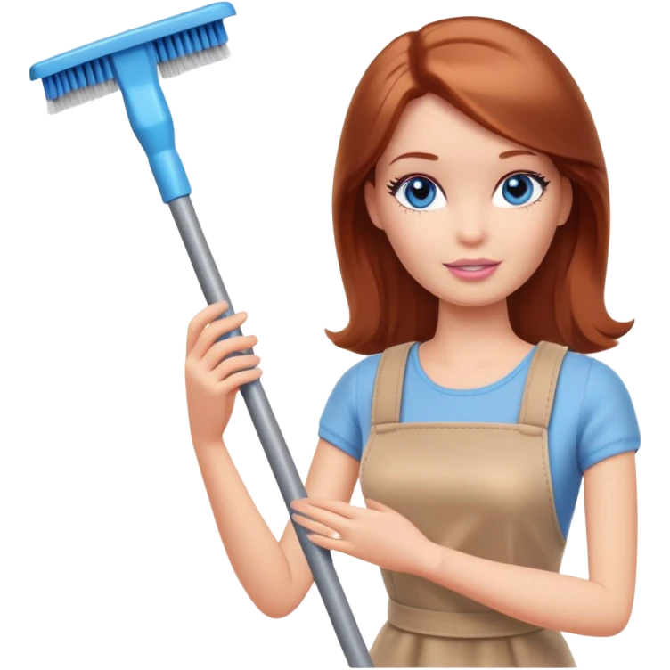 A Barbie girl with blue eyes, shoulder-length reddish-brown hair, made-up, and beige clothes is cleaning emoji