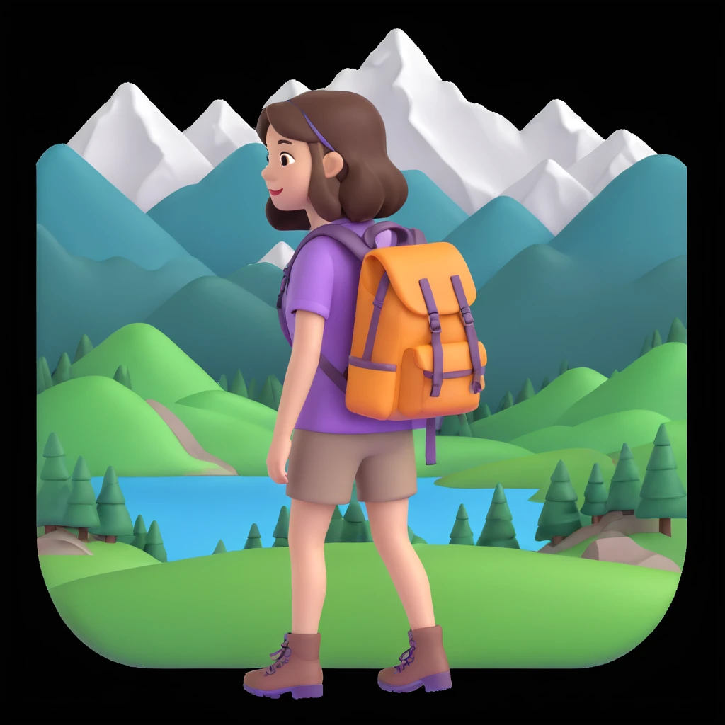 portrait of girl back packing mountains in background, close up pose emoji