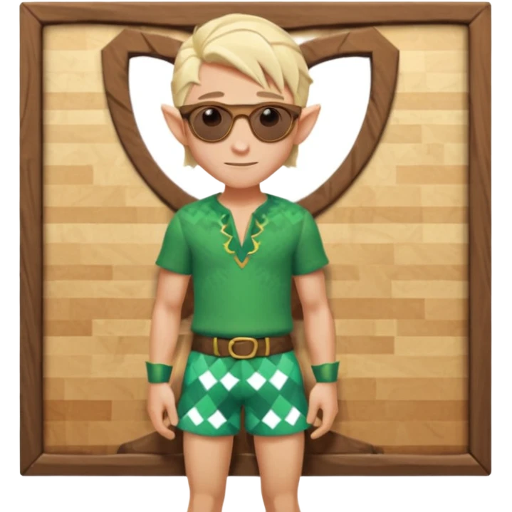 elf male legolas portrait, patterned board shorts (geometric/abstract), unique wooden-framed sunglasses, undercut hairstyle, slight smirk, visible pointy ears, no background, centered emoji, hipster summer vibe emoji