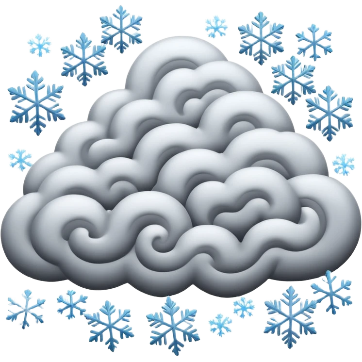 A powerful blizzard emoji icon: storm cloud with heavy swirling snow, strong wind lines, flying snowflakes, dynamic motion. White and gray tones, 2D emoji style, bold but simple shapes. emoji