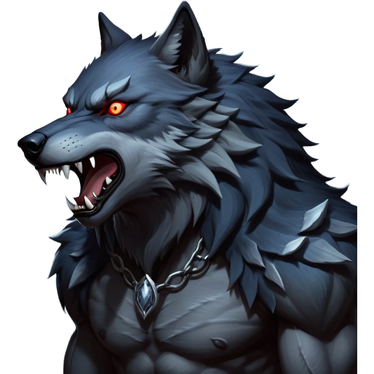 cinematic-noble-fierce-werewolf-howling-portrait-emoji, poised-and-imposing, with a fierce wolfish face tilted upwards in a haunting howl, glowing eyes full of primal ferocity, sharp, and a rugged snout, fur rippling in shades of midnight black and silver, muscles tensed as the powerful howl echoes beneath the moonlit sky; rendered with realism, capturing the raw, untamed power of the beast in its wild, primal state emoji