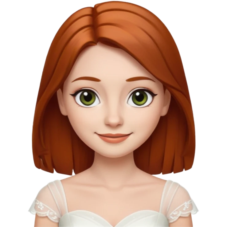 милая девушка невеста ,с рыжими прямыми волосами по плечи, с черными макияжем глаз, тонкими бровями, с улыбкой, в стиле Apple avatar emoji