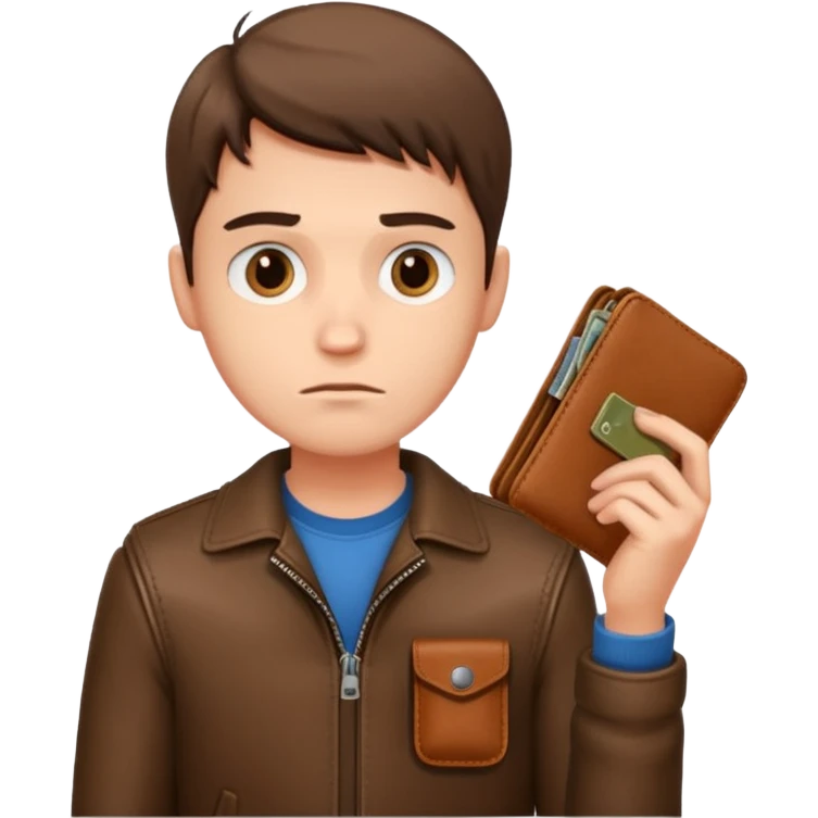 A young guy looks sadly at his empty wallet. emoji