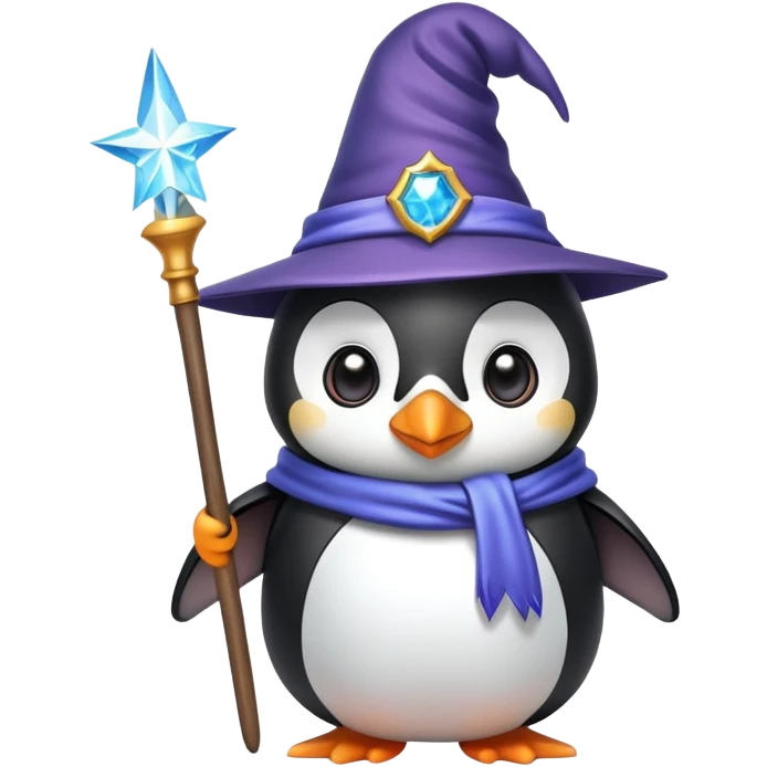 A cute penguin wearing a wizard hat and holding a magic wand emoji